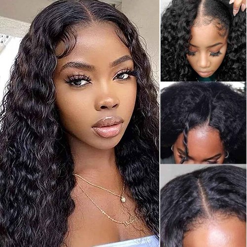 V Part Wig Human Hair Water Wave No Leave Out Upgrade U Part Wig for Black Women 180% Density Water Curly Glueless V Part Human Hair Wigs No Glue No Sew Clip In Half Wig Beginner Friendly (16 Inch)