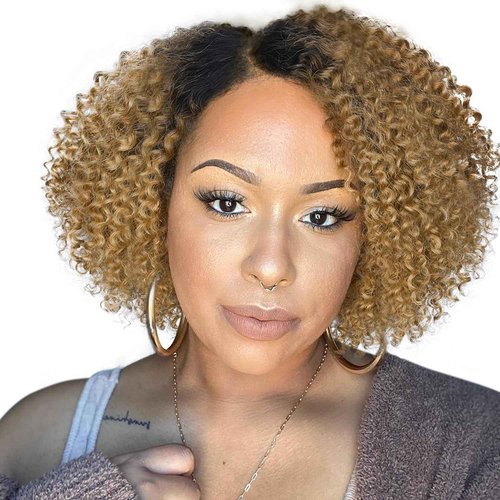 WIGER Short Curly Bob Lace Front Human Hair Wig Ombre Blonde Pixie Curly Glueless Wigs Side Part HD Lace Water Wave Wig Brazilian Virgin Human Hair Afro Kinky Lace Frontal Wigs (OT1B/27)