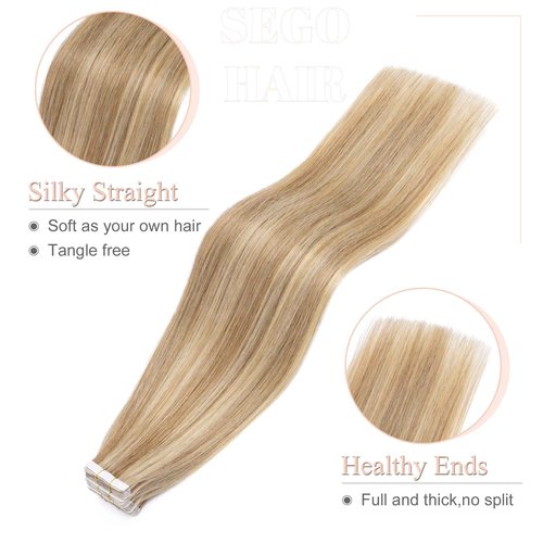SEGO Tape in Hair Extensions Human Hair 18 Inch 100g 40pcs Balayage Straight 100% Remy Rooted Seamless Skin Weft Invisible Double Sided Tape Hair for Women-#P12/613 Golden Brown&Bleach Blonde