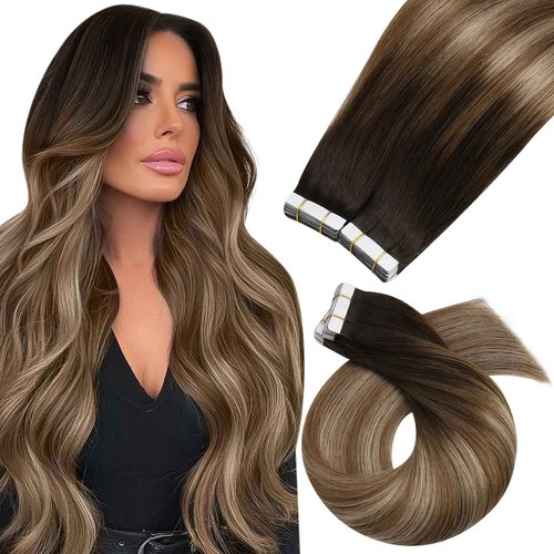 Moresoo Tape in Hair Extensions Real Human Hair Brown Hair Extensions Tape in Extensions Balayage Brown and Blonde Remy Glue in Extensions Straight Silky Hair 40Pcs 100g 18 Inch