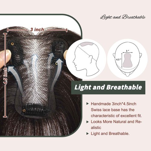 SARO-UP Hair Toppers for Women Real Human Hair Toppers for Women 3 * 4.5 Inch Hand-Tied Swiss Lace Base Topper No Bangs 10inch Hairpieces for Thinning Hair (Dark Brown)