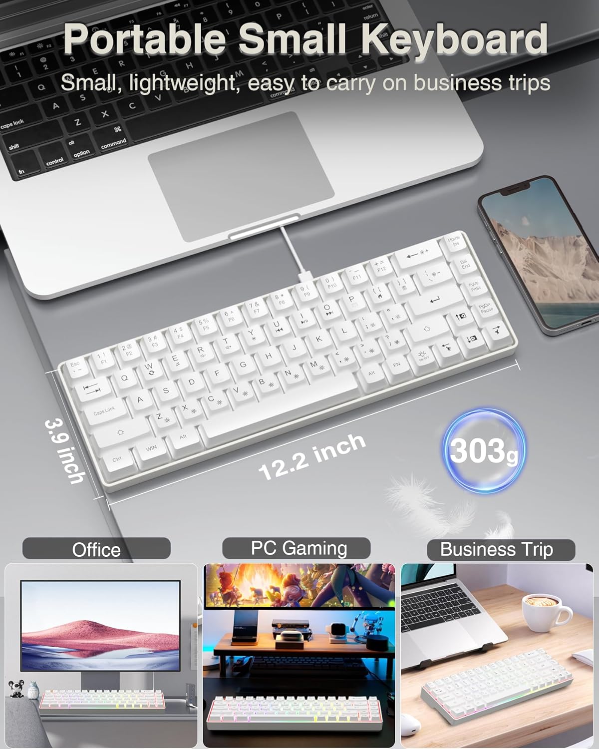 60% Gaming Keyboard,Small Keyboard USB-C Wired,Compact Mini Teclado Gamer,68 Keys RGB Backlit Portable Membrane Keyboards for Business Trips,Office,PC Games (SK968,White)