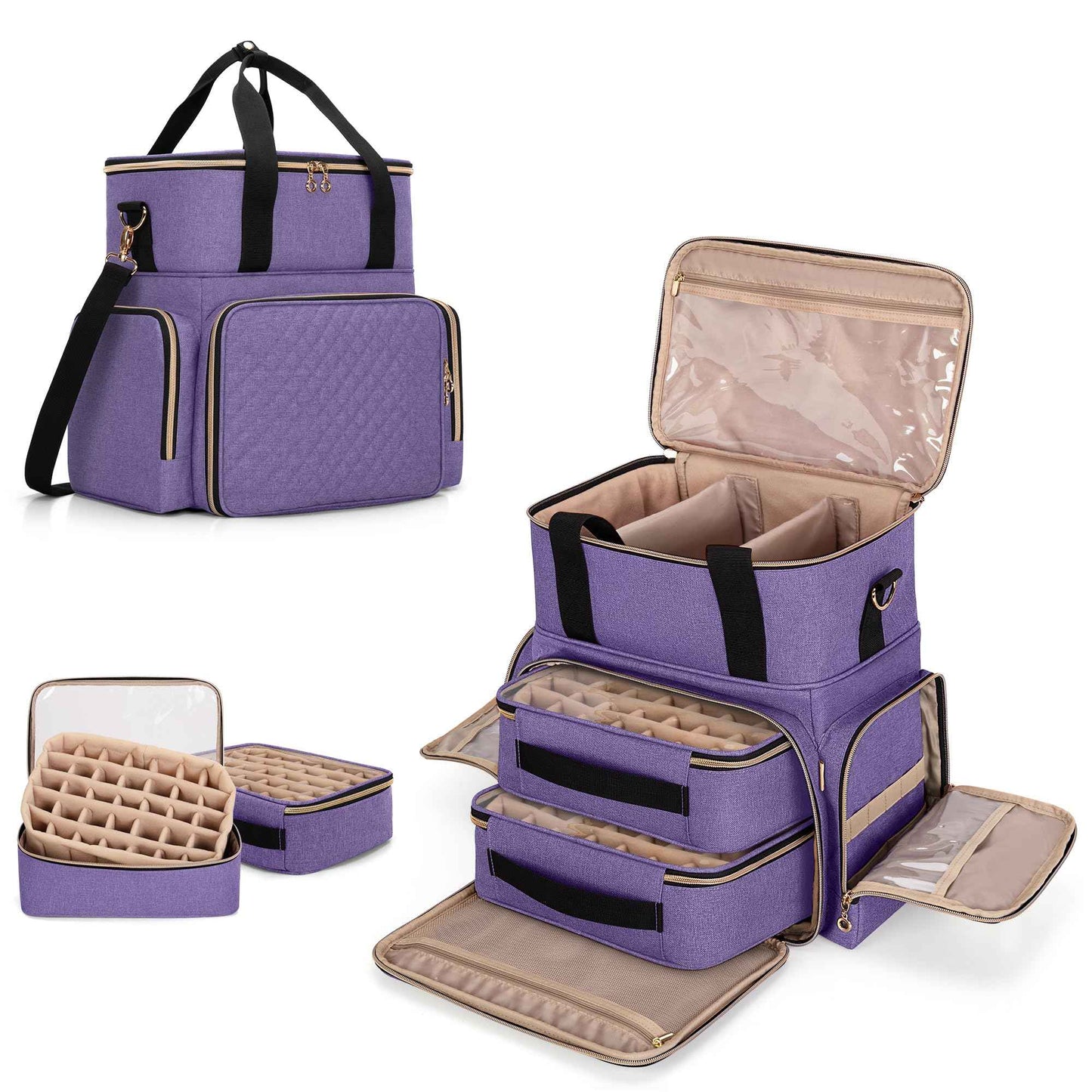 LUXJA Nail Polish Organizer Holds 70 Bottles and a Nail Lamp, Nail Polish Case with 2 Removable Bags and Tools Storage Pockets (Patent Pending), Purple