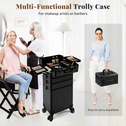 AROUS 5 in 1 Rolling Makeup Train Case Cosmetology Case on Wheels Large Cosmetic Organizer Travel Cart for Hairstylist Artist Nail Beauty Salon Barber,Black