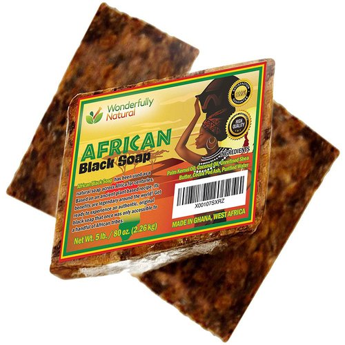 Wonderfully Natural Organic African Black Soap - 5 Pound Best for Acne, Eczema, Dry Skin, Psoriasis, Scars, Dermatitis, White Heads Pimples, Face & Body Wash, Raw Handcrafted Beauty Scrub Bar
