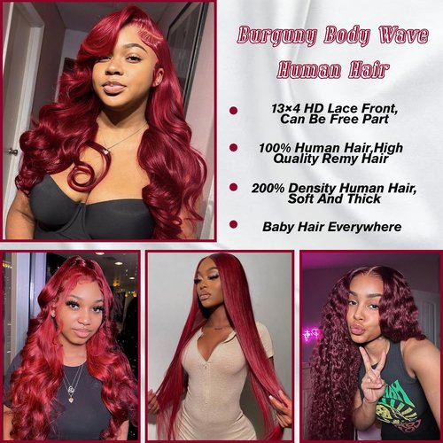 Midulla 99J Burgundy 13x4 HD Body Wave Lace Front Wigs Human Hair 28 Inch Transparent Lace Front Wig 200% Density Glueless Wine Red Colored Body Wave Frontal Wigs Pre Plucked with Baby Hair