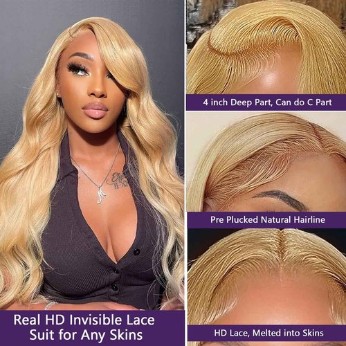 Ubetta Honey Blonde Wig Human Hair, Body Wave Honey Blonde Lace Front Wig Human Hair Glueless 13x4 HD Wigs Human Hair Pre Plucked 180% Density Lace Frontal Human Hair Wigs 27# Blonde Wig 20 Inch
