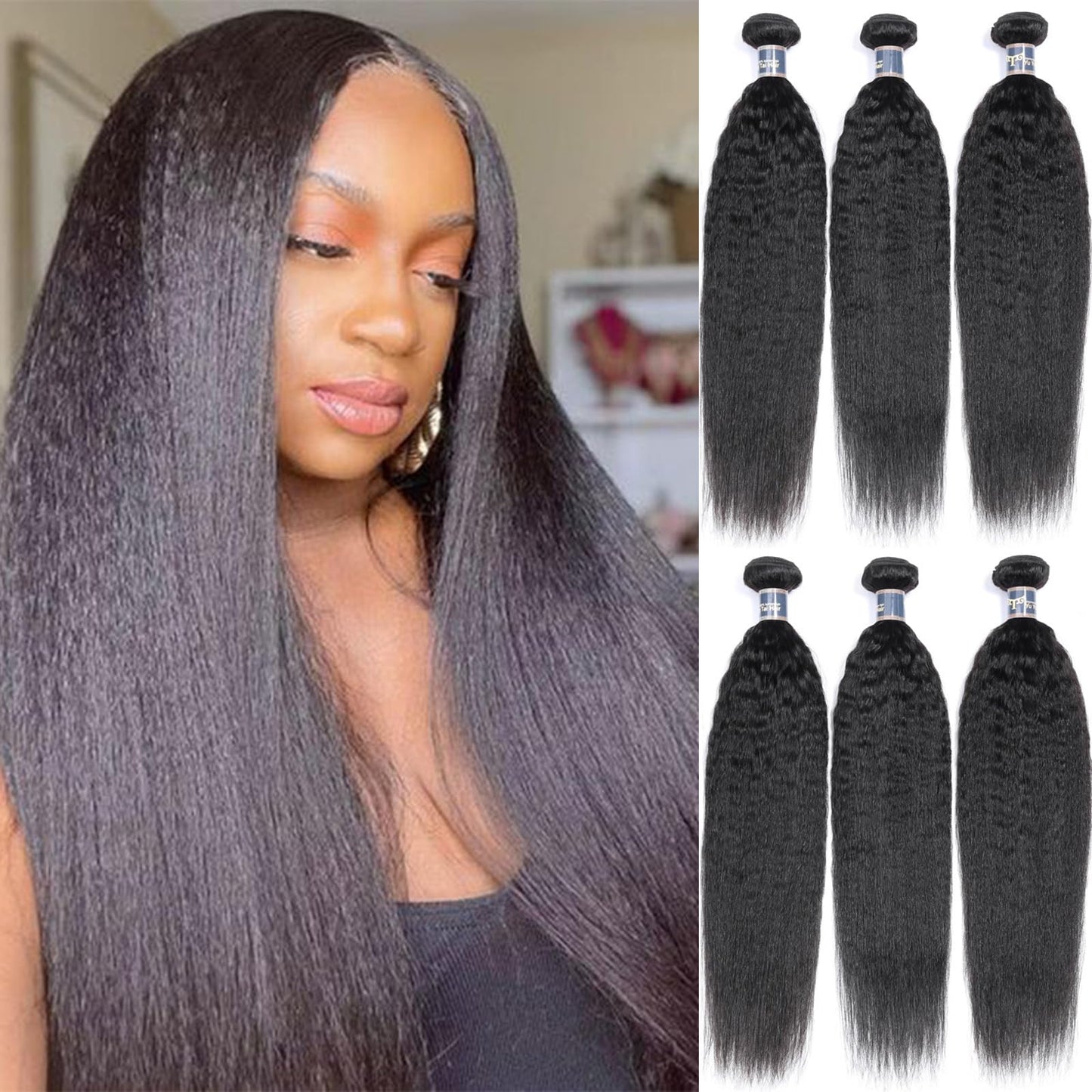 18 20 22 Inch Bundles Human Hair Kinky Straight, Yuyongtai Yaki Human Hair Bundles 100% Unprocessed Brazilian 3 Bundles Kinky Straight Human Hair Wave for Black Women