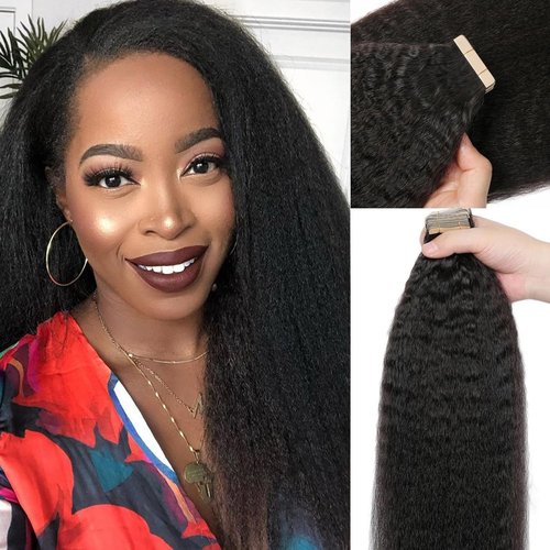 60pcs Kinky Straight Tape in hair Extensions 14 Inch Yaki Straight Tape ins for Black Women Human Hair 3c 4a Invisible Seamless Tape Extensions Natural Black Skin Weft 120g