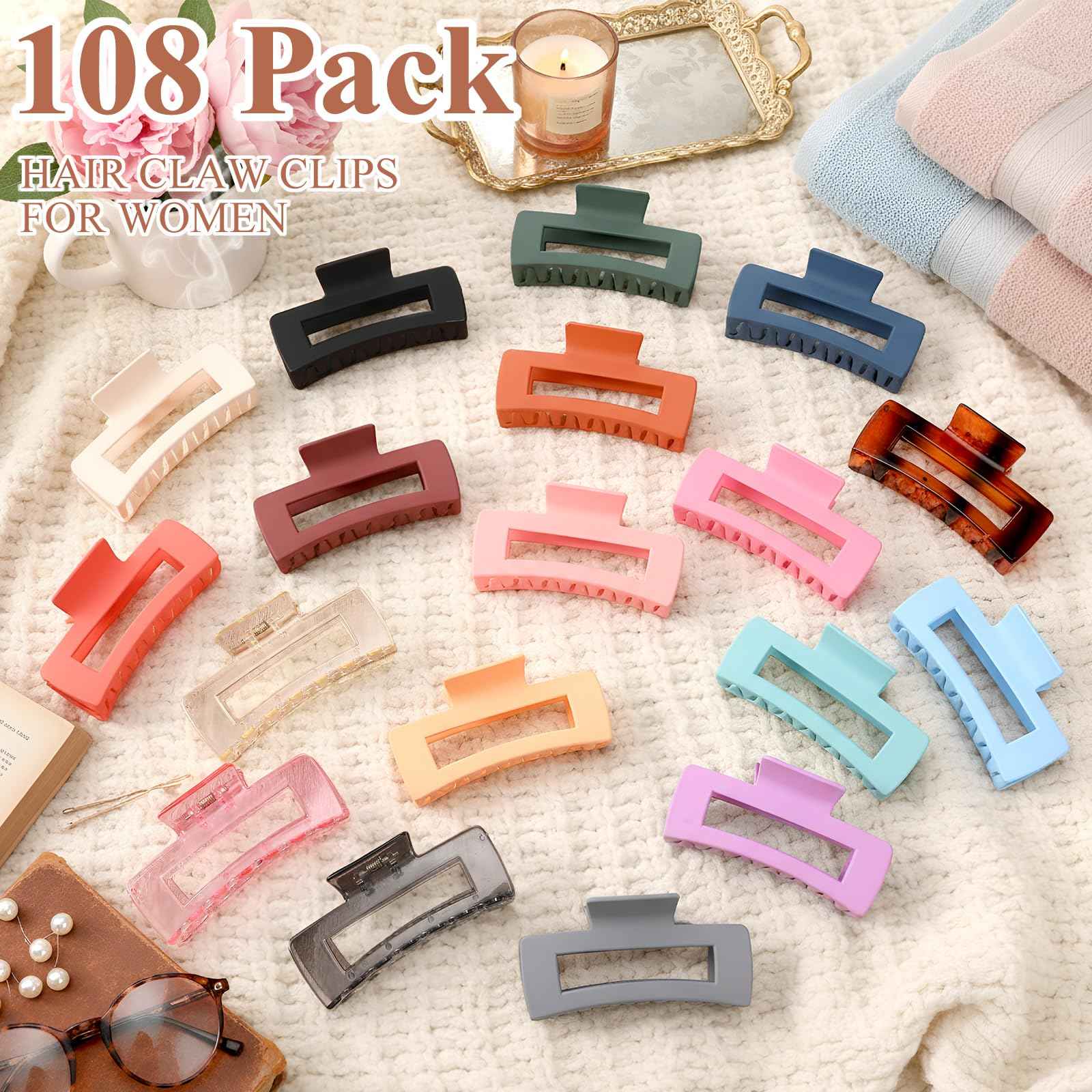 Hoteam 90 Pcs 4.1 Inch Large Hair Claw Clips Bulk Rectangular Big Hair Claws Matte Nonslip Banana Clip Plastic Barrettes for Women Gifts Accessories, 18 Colors