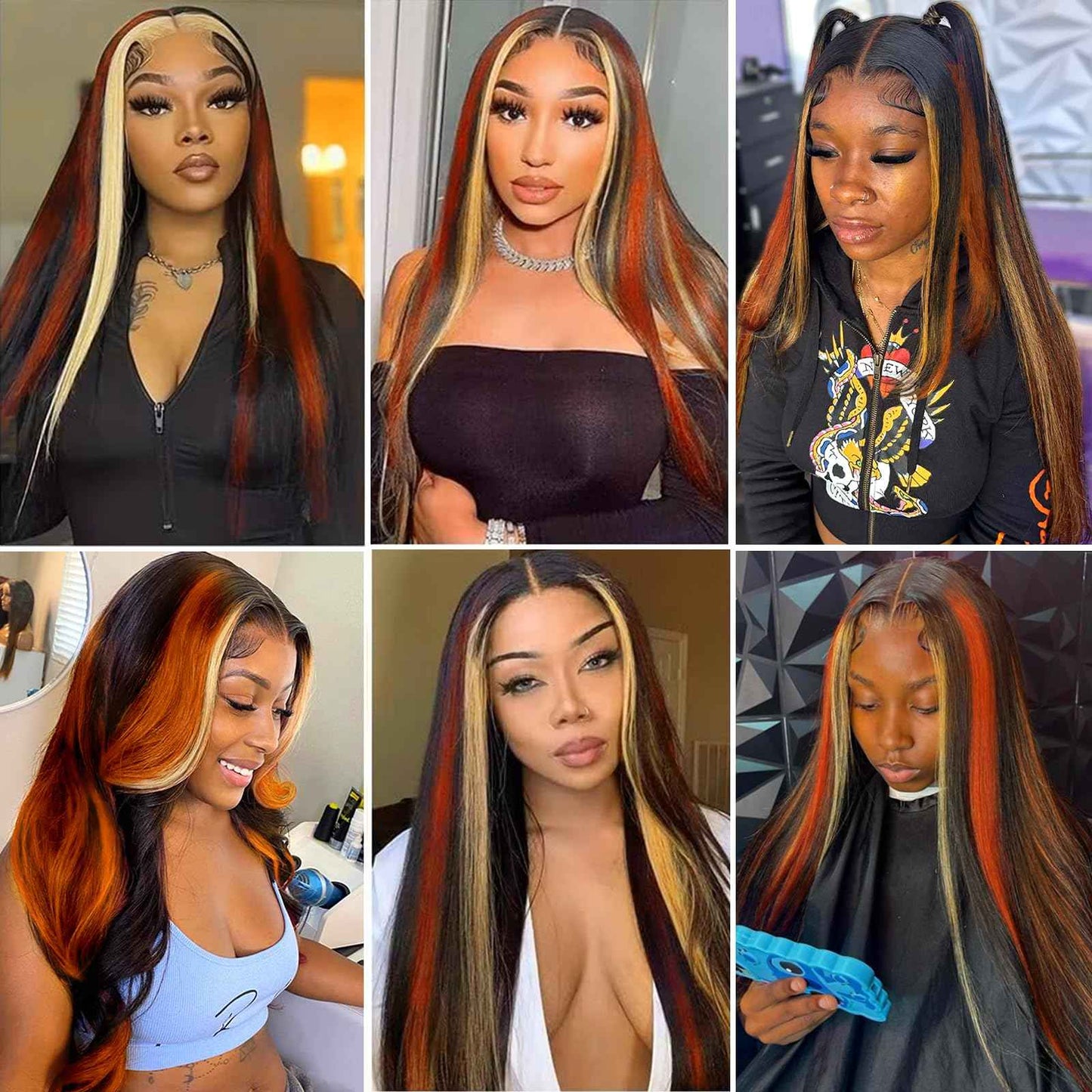 Ginger Blonde Highlight Lace Front Wigs Human Hair Skunk Stripe 13x4 Lace Frontal Wig Straight Black Ginger and Blonde Ombre Colored Wigs Glueluess Human Hair 20 Inch 180% Density Pre Plucked