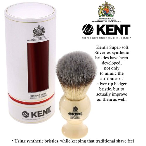 Kent BK8S Shaving Brush with Ultra-Soft Silvertext Synthetic Bristles and Faux Ivory Resin Handle with VSB6 1.5" Water Resistant Mock Ivory Shaving Brush Stand