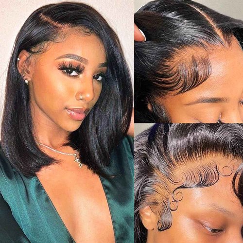 Hihmarm 13x4 HD Lace Front Wigs Human Hair Pre Plucked Bob Wig Human Hair Glueless Wigs For Black Women 180 Density Straight Frontal Wigs Black Wig Human Hair Nature Hairline (Black, 16 Inch)