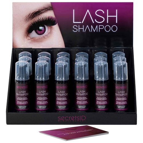 SecretsID Lash Shampoo Kit for Salons, Lash Techs and Brow Stylists - Pack of 18 Prefilled Eyelash Extension Cleanser 2 Oz Foaming Bottles with Retail Display and Aftercare Cards - Fragrance Free