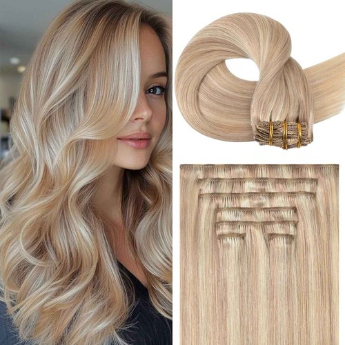 Blonde Hair Extensions Real Human Hair 20 Inches 100g Golden Blonde Highlights Human Hair Extensions Clip Ins Straight Soft #16/22 7pcs