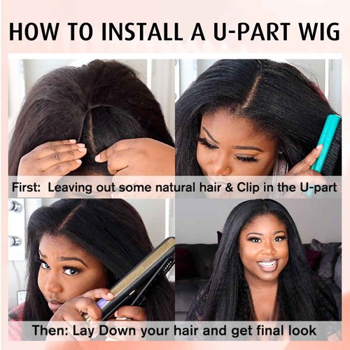 Orientfashion U Part Human Hair Kinky Straight 20inch 150% Density Full Head U Shape Clip in Wigs Half Wig Human Hair Wigs For Black Women U Part wigs (yaki straight 1B, 20inch)