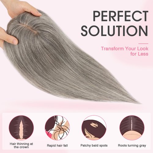 TESS Real Human Hair Topper for Women Clip In Bangs Handmade Lace Base 3 Clips Enhanced Coverage Stylish & Comfortable 8×10cm, 08 Inch, Grey