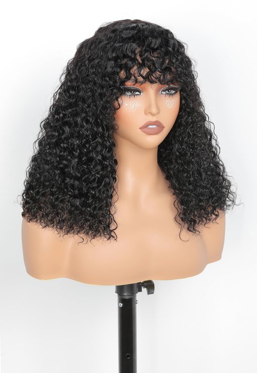 Bob Wig with Bangs Human Hair Water Wave 2x4 HD Lace Closure Front Curly Wigs Human Hair Bang Wig 220 Density Glueless Wear and Go for Beginners 100% Brazilian Human Hair for Black Women 12 Inch