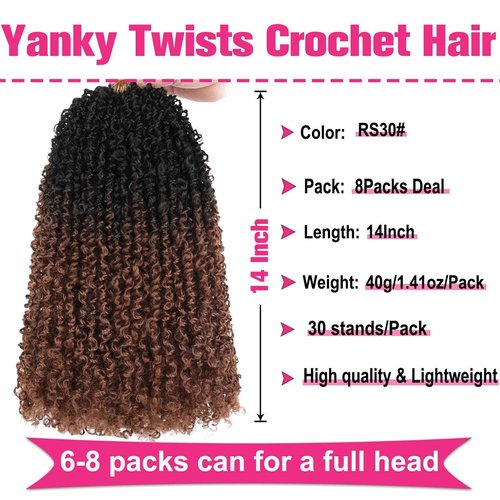 Unionbeauty 14 Inch Pre-looped Yanky Twists Crochet Braids Hair 8 Packs Pre-twisted Micro Passion Twist Crcochet Hair Ombre Brown Spring Twists Synthetic Marlybob Crochet Braids Hair Extensions 1B/30#