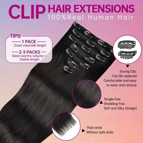 Clip in Hair Extensions Real Human Hair 16 Inch 95g 7pcs Invisible Seamless Real Hair Clip In Hairpiece, Double Layer Woven Real Hair, Specially Designed for Women, 1B Natural Black