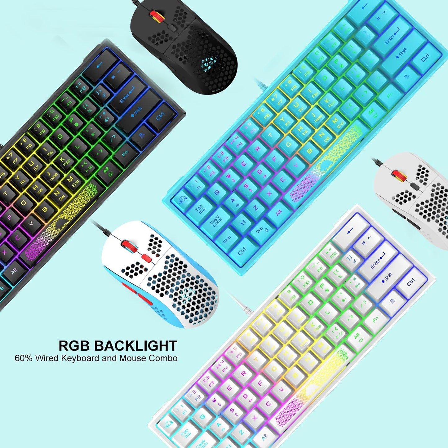 60% Gaming Keyboard and Mouse Combo Small Mini RGB Backlight Mechanical Feeling and Mechanical RGB 6400 DPI Honeycomb Optical Mouse,Gaming Mouse pad for Gamers and Typists Black