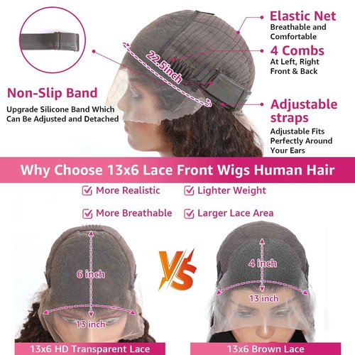 MXTQO Deep Wave Lace Front Wigs Human Hair Chocolate Brown 13x6 HD Lace Front Wigs Pre Plucked Deep Curly Wigs Wet and Wavy Human Hair Frontal Wigs with Baby Hair 200% Density