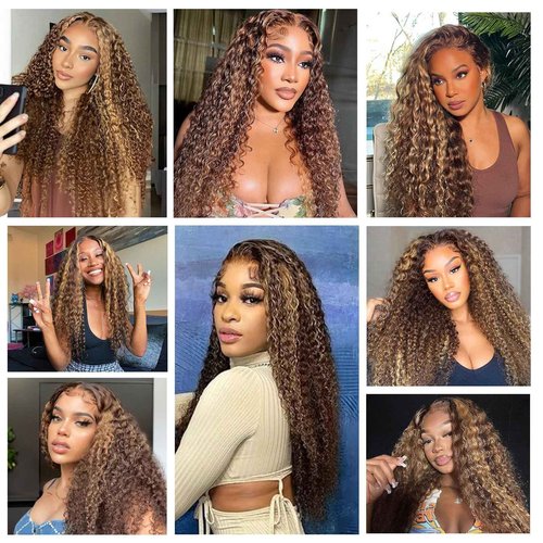 Aimking Honey Blonde Human Hair Wig Ombre Highlight 4/27 Deep Wave Lace Front Wigs Human Hair Curly Wig 180% Density Lace Frontal Wigs (26 Inch)