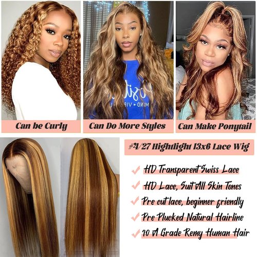 Smavida 13x6 Highlight Straight 4/27 HD Lace Front Wig Human Hair,20Inch Brown Colored HD Transparent Lace Frontal Wig Human Hair Brown to Blonde Ombre Highlight Lace Wigs