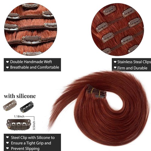 Belaved Clip in Hair Extensions 20 Inch 5PCS 70g Auburn in Real Human Hair Extensions Seamless Invisible Straight for Women Red #135