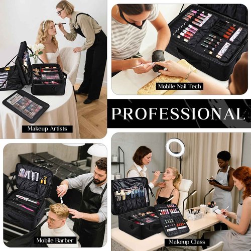 Adazzo Large Makeup Bag, 3 Layers 17” Makeup Case Organizer with Mirror Professional Cosmetic Storage Backpack Box Travel Artist Carrying Vanity Bags with Brush Slot/Shoulder Strap/Attach to Suitcase