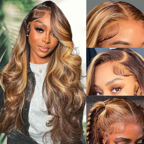 SKYDO Highlight Honey Blonde HD Lace Front Wig 180 Density 4/27 Ombre Body Wave Lace Front Wigs Human Hair Pre Plucked with Baby Hair 13x4 Lace Front Wigs for Women 30inch