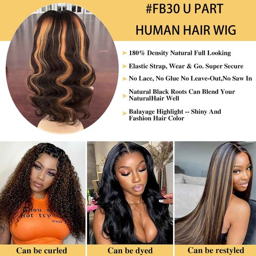 beautkol U Part Human Hair Wig Body Wave Highlight #1b/30 Ombre Brown Wig 180% Density U Part Wig Half Brazilian Virgin 100% Human Hair Wigs For Black Women Clip In Glueless No Leave Out Wig 20Inch