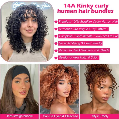ManeMajesty 12A Real Brazilian Curly Human Hair Bundles 3 Pcs 12 Inch Bundle with 4x4 Lace Closure 100% Unprocessed Brazilian Virgin Human Hair Vogue Curly Extensions for Black Women Natural Color