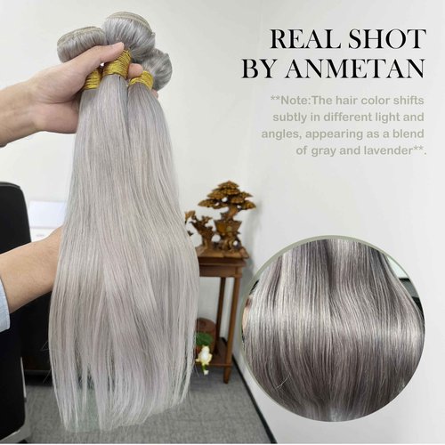 Anmetan Grey Color Straight Bundles Human Hair, Short 12A 100% Unprocessed Virgin Remy Bundles Lavender Silver Gray Human Hair Soft and Thick Sew In Quick Weave 10 12 14 Inch for Women