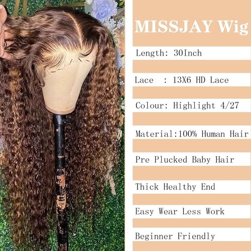 TESCOGOYS 4/27 Ombre Highlight 13x6 Lace Front Wig Human Hair 30inch Honey Blonde Deep Wave Lace Front Wigs Pre Plucked With Baby Hair 180% Density Curly Glueless Lace Front Wigs(30Inch)