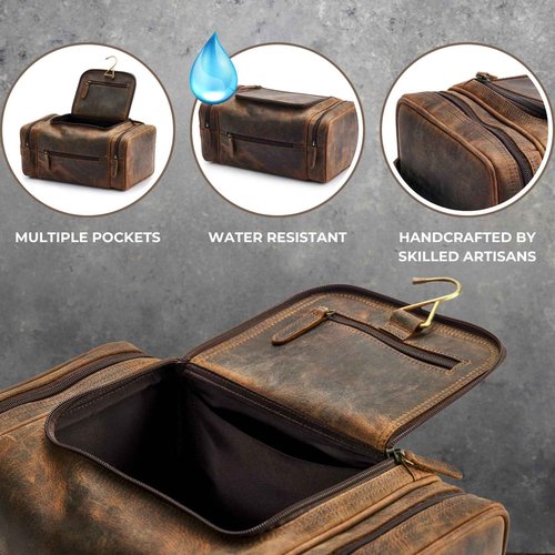 NomadCraftsCo. Extra Large Leather Toiletry Bag for Men - Premium Leather Men's Toiletry Bag for Travel, Dopp Kit, Pouch, Large Travel Organizer