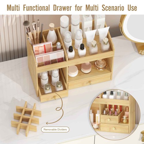 Wisuce Essentials Large Makeup Organizer with Drawers, Bamboo Countertop Cosmetic Storage for Dresser Vanity Organizer Beauty Desk Skincare Holders Container Make Up Organizing for Lipstick