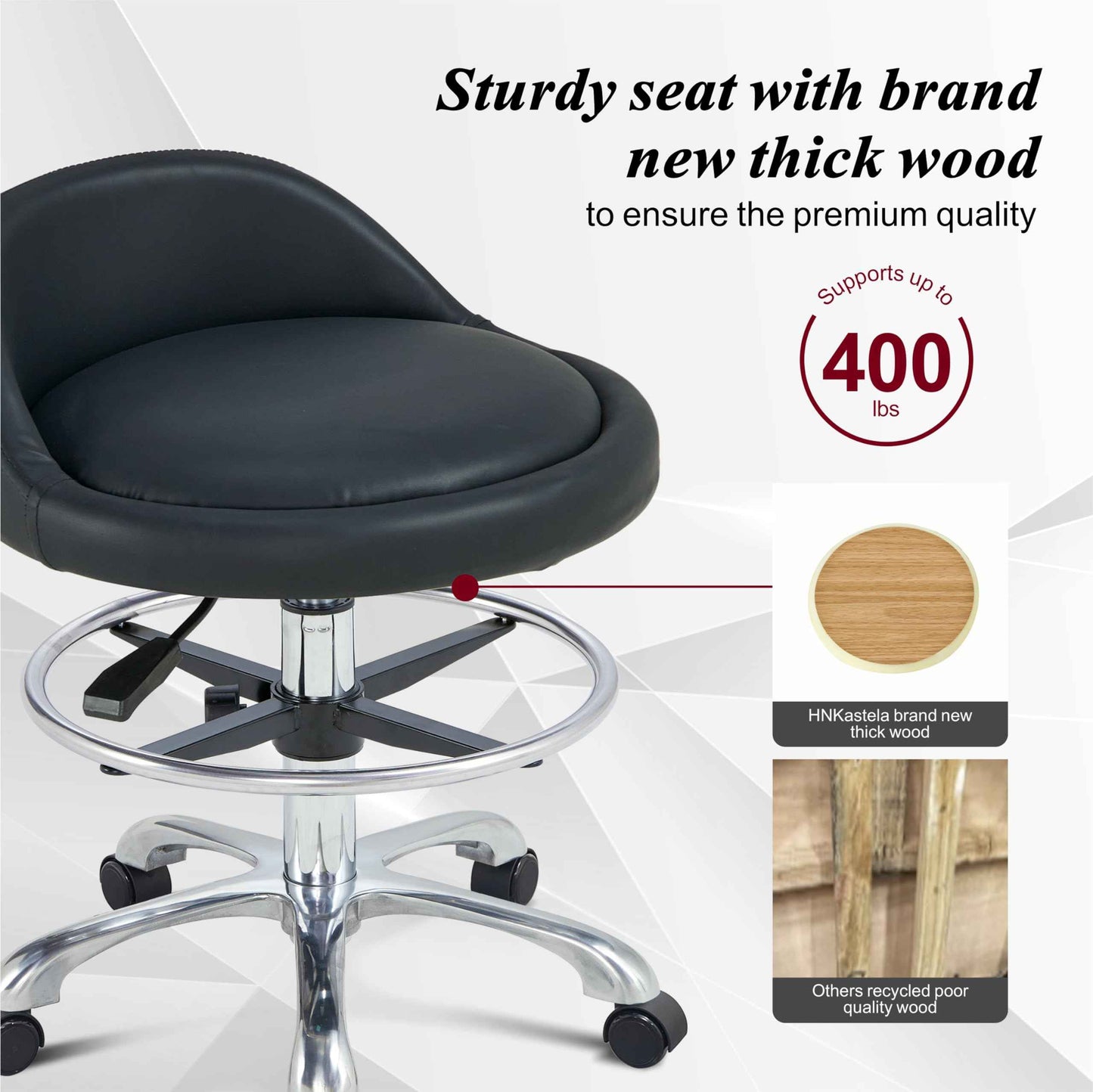 HNKastela Rolling Shop Stool with Back Support - Height Adjustable Stool with Wheels Heavy Duty for Salon Spa Tattoo Esthetician Kitchen