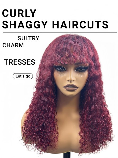 Doiwile Burgundy Curly Wig with Bangs Human Hair 4x4 HD Lace Glueless Wig Human Hair Curly Wave Human Hair Wigs with Bangs for Black Women (Burgundy, 20inch)