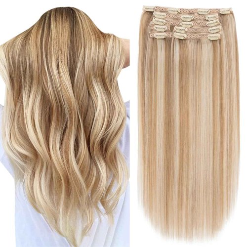 Elailite Clip in Hair Extensions Real Human Hair, Remy Hairpieces for Women, 7PCS Lace Weft Full Head, 14 Inch 100g Golden brown & Bleach Blonde