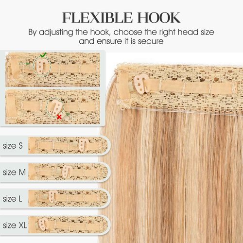 Charites Halo Hair Extensions Real Human Hair Invisible Wire Extensions with Transparent Fish Line Adjustable Size Golden Brown & Bleach Blonde 18 inch
