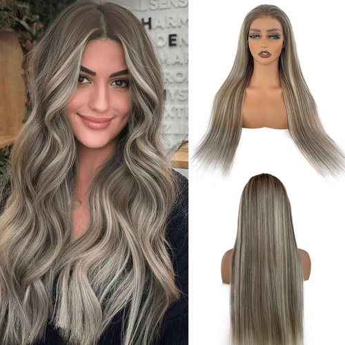 Ombre Highlights Ash Brown Wigs Human Hair for White Women 18 Inch Pre Plucked 13x6 Balayage Blonde HD Lace Front Wig Human Hair with Dark Roots Glueless Straight Wig 180% Density Full End