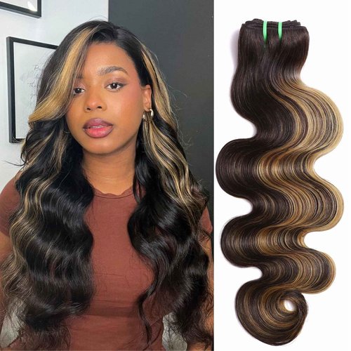 HERMOUS 13A Double Drawn FB/27 Human Hair Bundles Body Wave Blonde Highlight Color, Honey Blonde with Black Single Bundle Human Hair 100% Unprocessed Hair Colored Single Bundle Wavy Sew In 16 Inch
