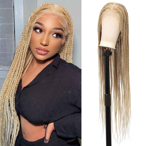Lexqui 36" 360° HD Full Lace Braided Wigs for Women Box Braid Wig with Baby Hair Handamde Synthetic Hair Triangle Knotless Braided Wigs Natural Braid Lace Front Wig Blonde