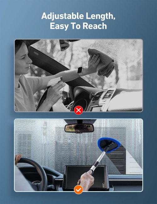 AstroAI Windshield Cleaner Tool, Car Interior Detailing Cleaning Kit with Extendable Handle and 4 Reusable Microfiber Pads, Auto Glass Wiper Brush Kit for Cars, Blue，15.9in-21in