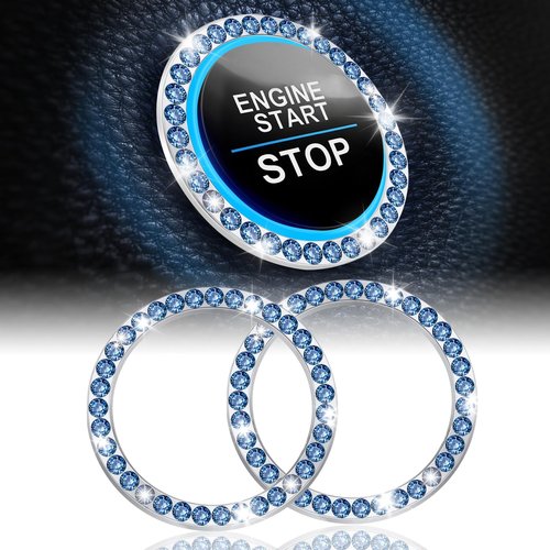 LivTee 2 PCS Crystal Rhinestone Car Engine Start Stop Decoration Ring, Bling Car Interior Accessories for Women, Push to Start Button Cover Sticker, Automotive Decals, Blue