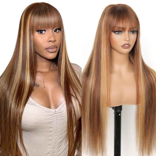 Ruiyu Ombre Highlight Human Hair Wigs with Bangs 2x4 HD Lace Front Brown Glueless Wig with Highlights Honey Blonde 4/27 Colored Straight Closure Wear and Go Brazilian Human Hair for Women 16 Inch
