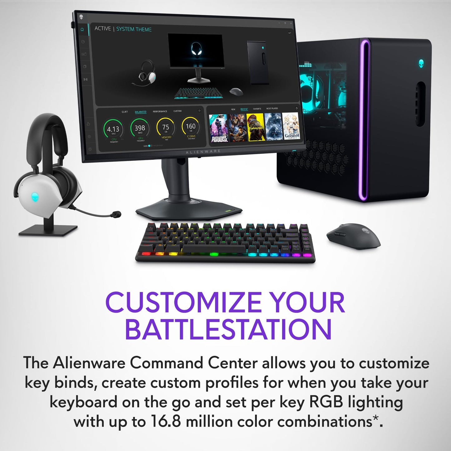Alienware Pro Wireless Gaming Keyboard - Bluetooth 5.1/2.4 GHz Radio Frequency Connectivity, Linear Mechanical, Hot-swappable switches, Tri mode connectivity, Adjustable Height - Dark Side of the Moon