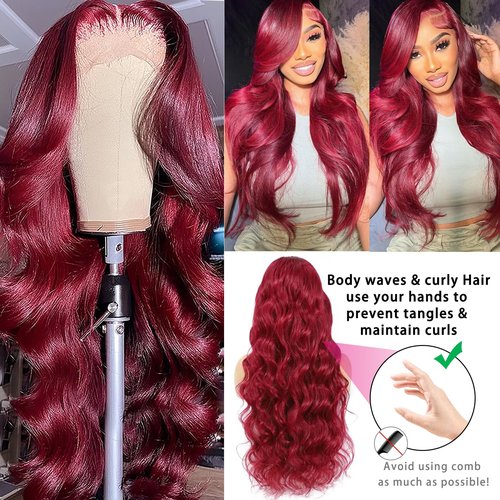 99J Burgundy Lace Front Wigs Human Hair 200 Density 30 Inch 13x4 Body Wave HD Lace Front Wigs Human Hair With Pre Plucked Glueless Red Wig Wine Red Lace Front Wigs