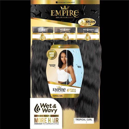 Sensationnel Empire multi weave hair - wet and wavy tropical curl human hair 3 bundle layered lengths (16 18 20 inch, 1B OFFBLACK)